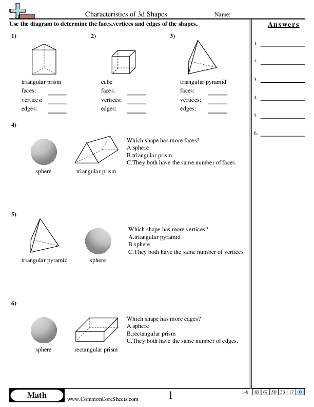 Characteristics of 3d Shapes worksheet